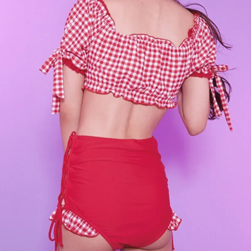 Женский клетчатый купальник топ с открытыми плечами и высокой талией 2 шт.