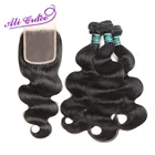 Ali Grace волосы перуанские волнистые 100% человеческие волосы с 4*4 свободная средняя часть кружева закрытие пучок предложения натуральный цвет Remy волосы