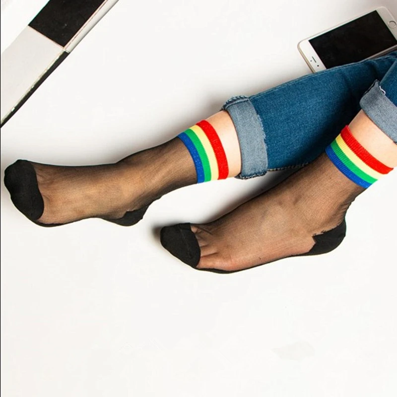 Модные черные/белые женские носки в полоску Короткие Прозрачные шелковые с