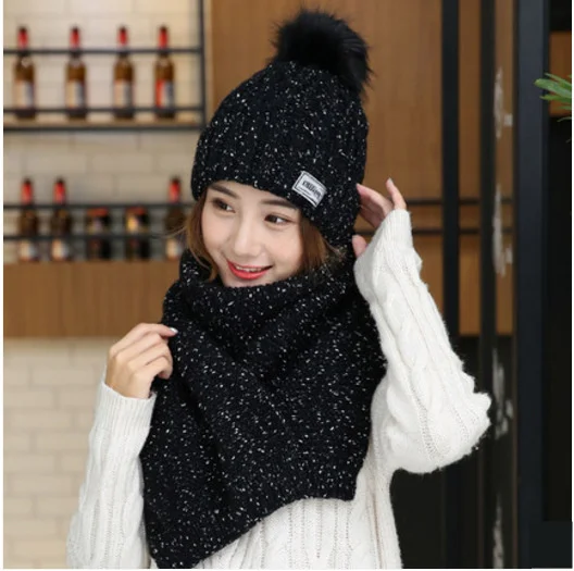 Зимние вязаные шапки в горошек с помпонами женские шарф для женщин мягкая шапка