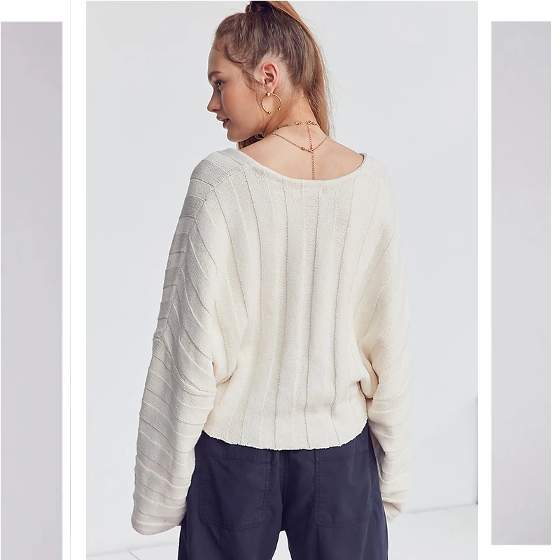 Women Solid Beige Big V Neck Crop Sweater Batwing Sleeve Loose 2022 Winter New Lady Sexy Character Knitwear Femme Knitted Top | Женская