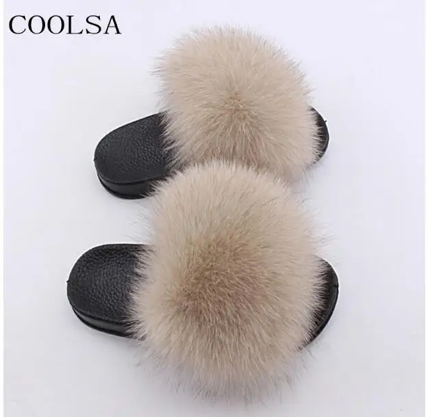 Light gray COOLSA/детские меховые тапочки; домашние теплые пушистые тапочки из лисьего меха для девочек; Плюшевые сандалии из ПВХ на плоской подошве; детские тапочки на заказ - Цвет: Light gray