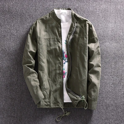only jacket 02 Весенне-осенняя Повседневная хлопковая льняная куртка, Мужская дышащая верхняя одежда на молнии со стоячим воротником, тонкая свободная однотонная брендовая куртка, пальто - Цвет: only jacket 02