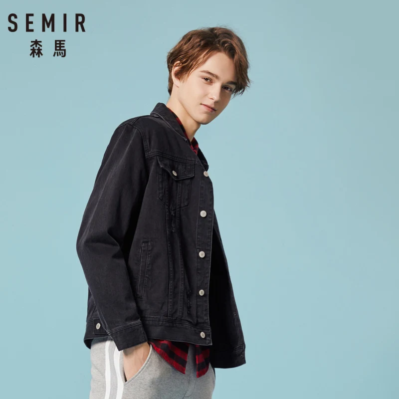 Мужская джинсовая куртка с принтом SEMIR потертая из 100% хлопка воротником