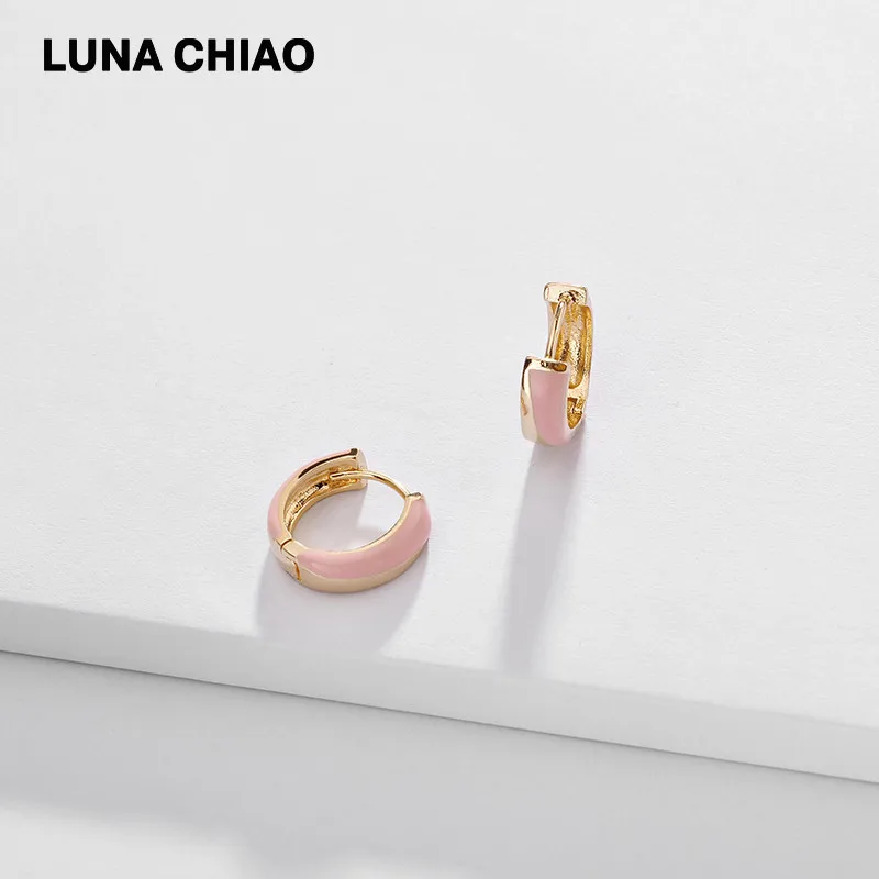 Pink LUNA CHIAO, Женские Ювелирные украшения, аксессуары, эмалированные медные мини серьги-кольца Huggie, опт, для весны и лета - Окраска металла: Pink