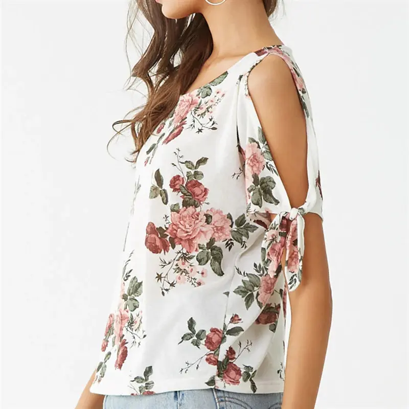 Женская футболка с цветочным принтом топ открытыми плечами коротким рукавом