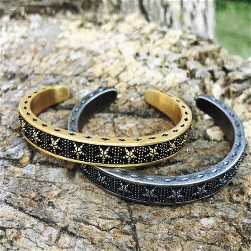Fashion brand retro five-pointed star titanium steel bracelets 316L Cuff personality men and women open bracelet European | Украшения и