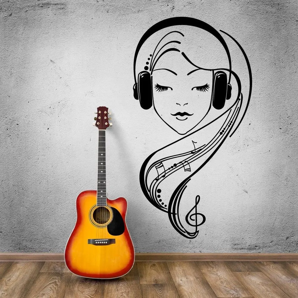 

Hot Vinyl Wall Decal Beautiful Girl Music Lover Headphones Wall Stickers Modern Removable Home Decoration KW-165