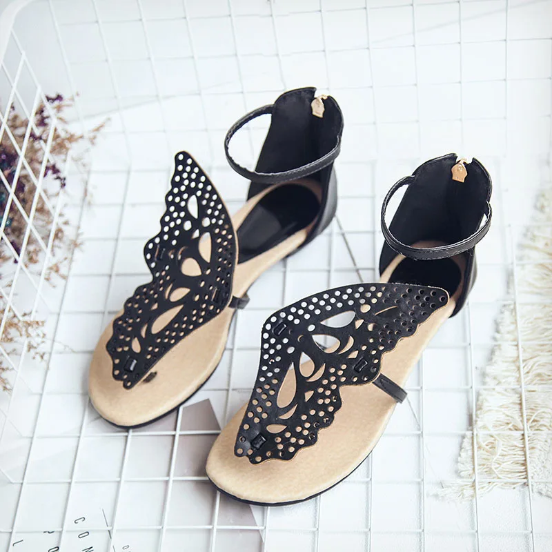 Женские босоножки милые кожаные сандалии на плоской подошве с крыльями бабочки