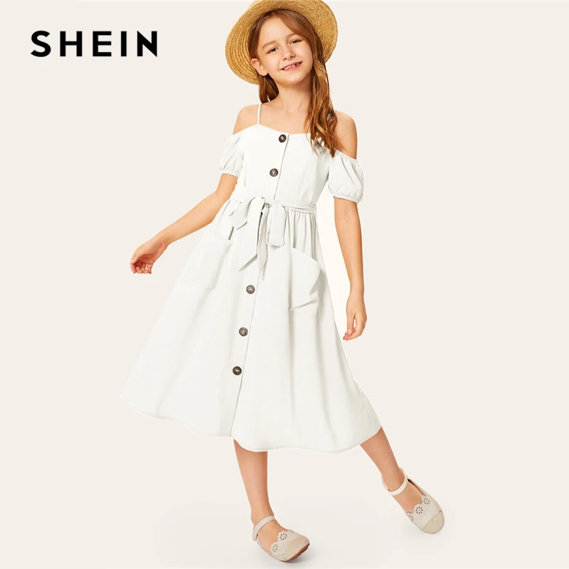 SHEIN/детское однотонное платье для девочек с открытыми плечами и одной пуговицей спереди, с поясом, платье в стиле бохо,, летние платья миди с короткими рукавами для отдыха
