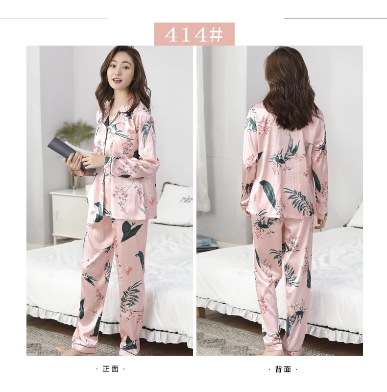 Сексуальный большой размер Satin атласная пижама с цветочным принтом шелковая пижама ночная женская домашняя одежда с длинным рукавом женская пижама Mujer