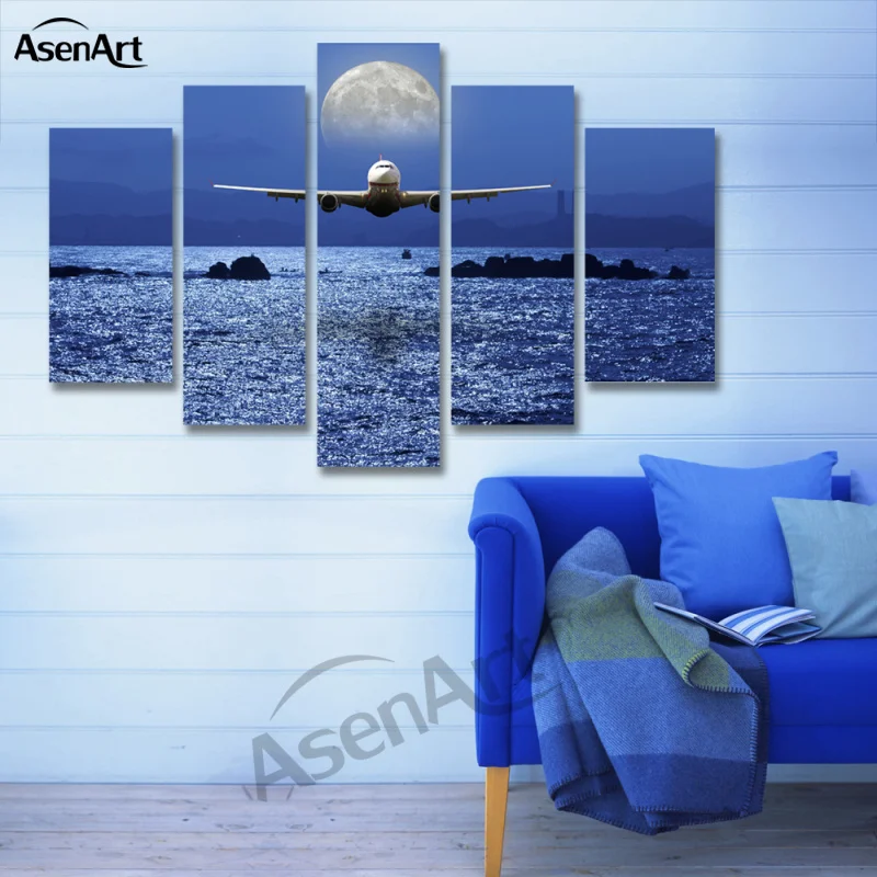 5 панель морской пейзаж живопись самолет Луна картинки стены искусства большой
