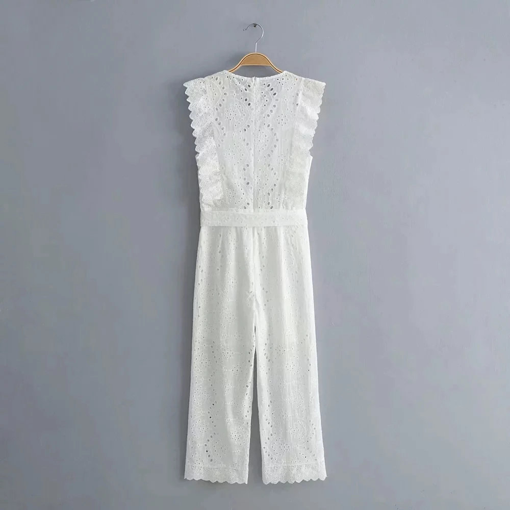 Женский праздничный кружевной комбинезон элегантный белый с поясом лето 2019 |