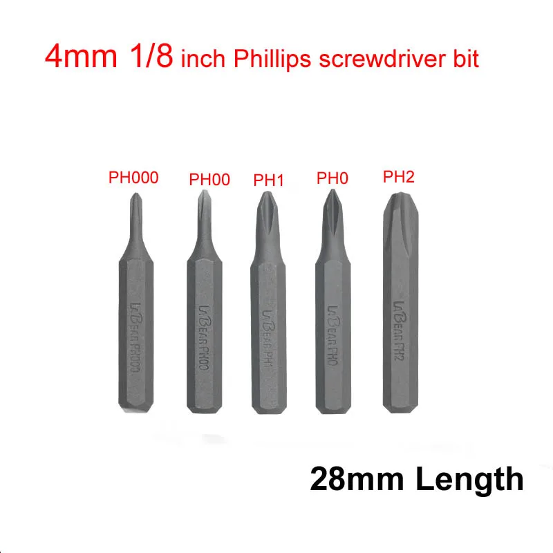 

5 Size/set 4mm 1/8 Inch Hex Shank S2 Alloy Steel Screwdriver Bit Tool Set Phillips PH000 PH00 PH0 PH1 PH2 28mm length