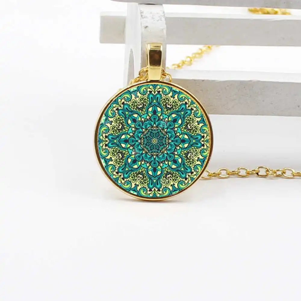 2019/индийская мандала цветок стеклянная подвеска ожерелье тату Цветок колье