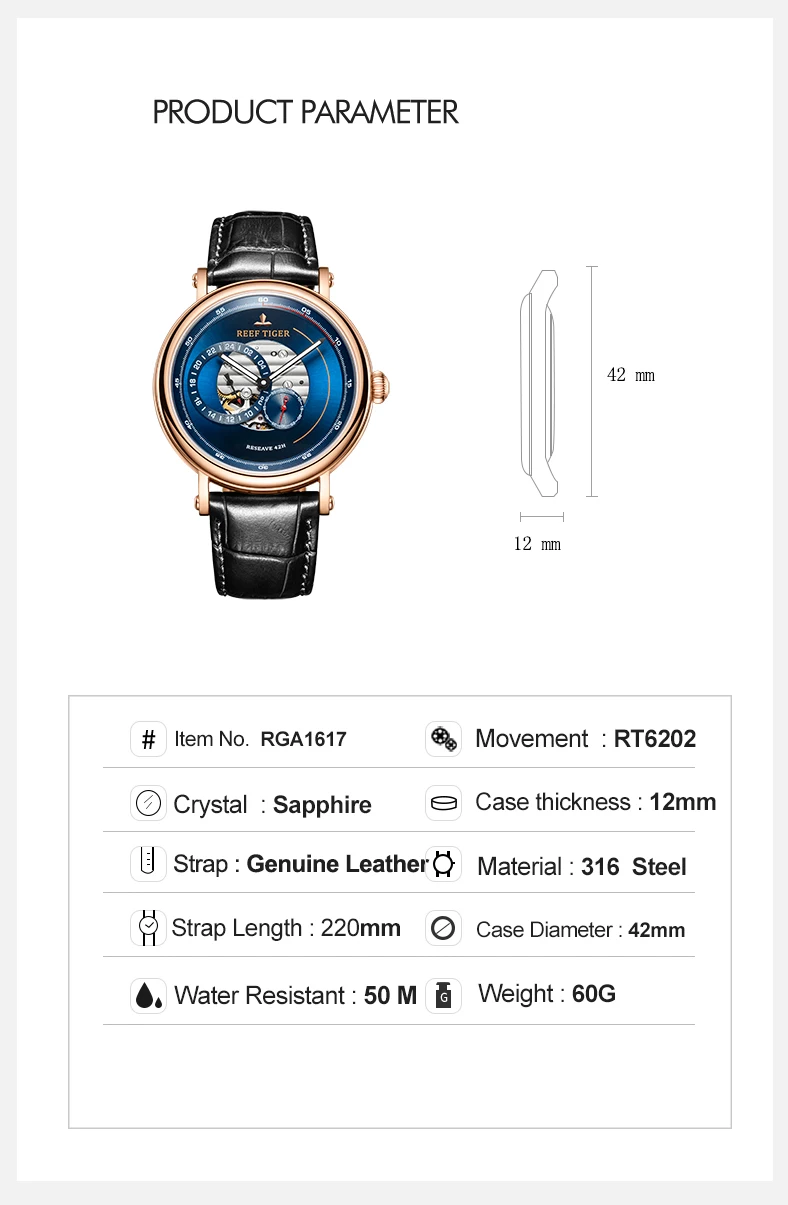 Reef Tiger/RT модные повседневные мужские синие дизайнерские часы с ремешком из натуральной кожи, автоматические часы в подарок RGA1617