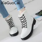 Женские зимние ботильоны из искусственной кожи на шнуровке, теплые зимние ботинки с коротким плюшем и мехом, ботильоны на плоской подошве