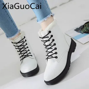 Женские зимние ботильоны из искусственной кожи на шнуровке, теплые зимние ботинки с коротким плюшем и мехом, ботильоны на плоской подошве