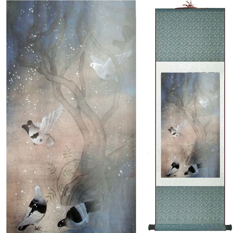 Pintura de p&aacute;jaros y flores, pintura de desplazamiento de seda, arte tradicional chino, decoraci&oacute;n del hogar, painting2019072305-0