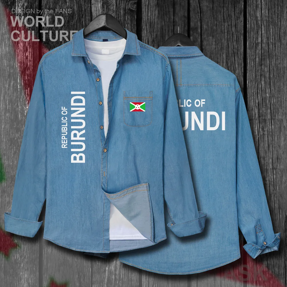 

Burundi Burundian East Africa BDI BI Men Spring Autumn Cotton Turn-down Collar Jeans Shirt Long Sleeve Cowboy Coat Flags Clothes