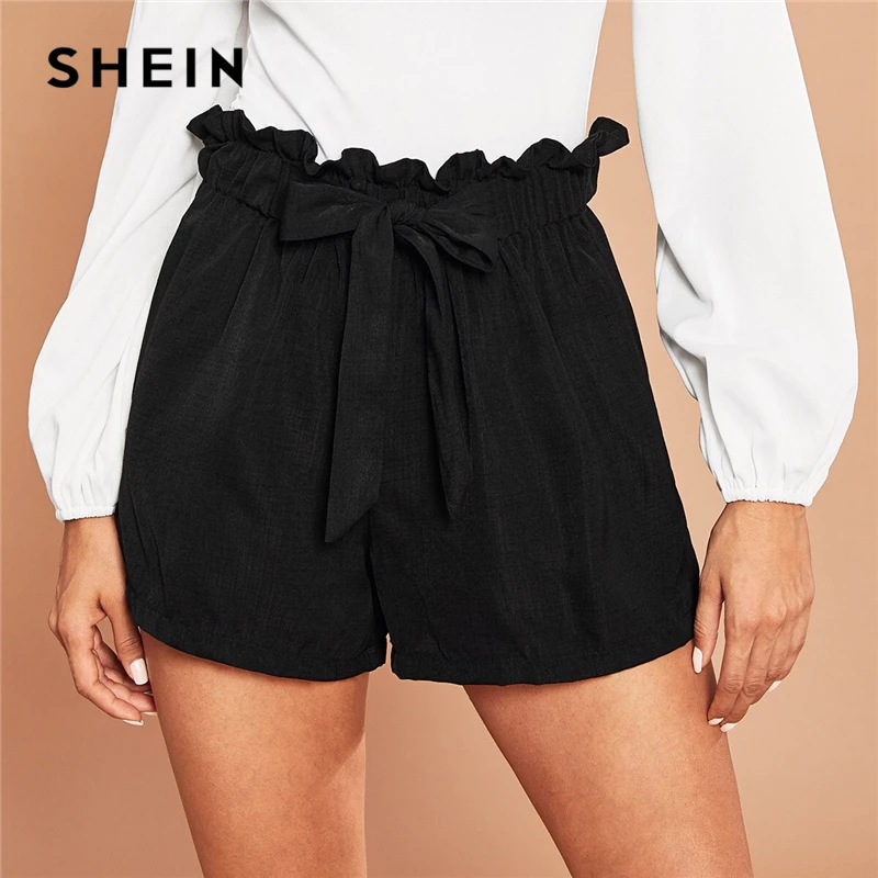 SHEIN повседневные Черные шорты с завязками спереди и рюшами на талии, женские летние однотонные шорты со средней талией на завязках, милые уличные шорты