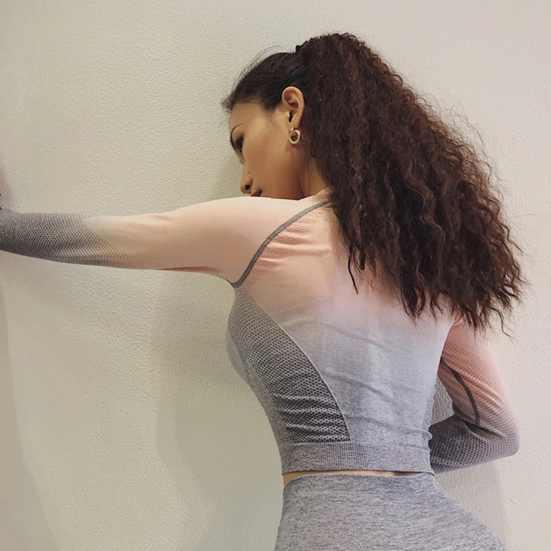 Selena Fanny, рубашки для йоги, для женщин, жизненные, Омбре, бесшовные, с длинным рукавом, кроп-топы, спортивная майка, футболка для спортзала, для фитнеса, для бега, женская одежда