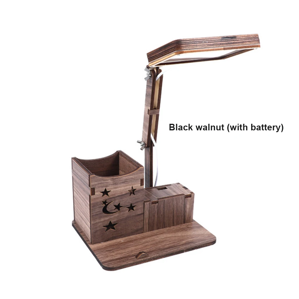 Black with Battery Rechargeable Wooden LED Desk Lamp with Brush Pot& Phone Holder Base Vintage Deco Dimmer Study Table Lamps for the Bedroom - Цвет корпуса: Black with Battery