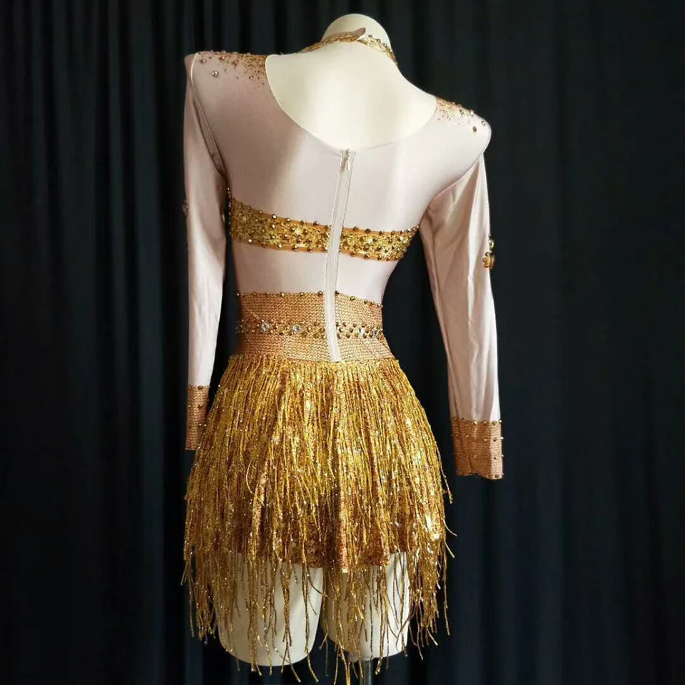 Sparkly Crystal Golden Mini Dress Women Evening Party Wear Full Rhinestones Tassel Dresses Prom Birthday Celebrate Stage Outfits