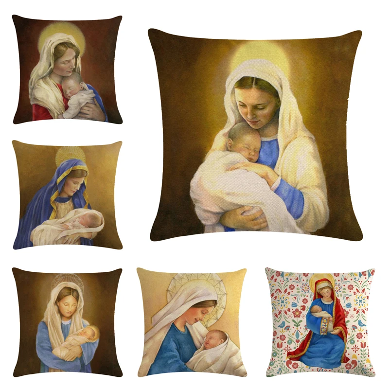 Льняная Наволочка на подушку с изображением Иисуса из христианства Девы и