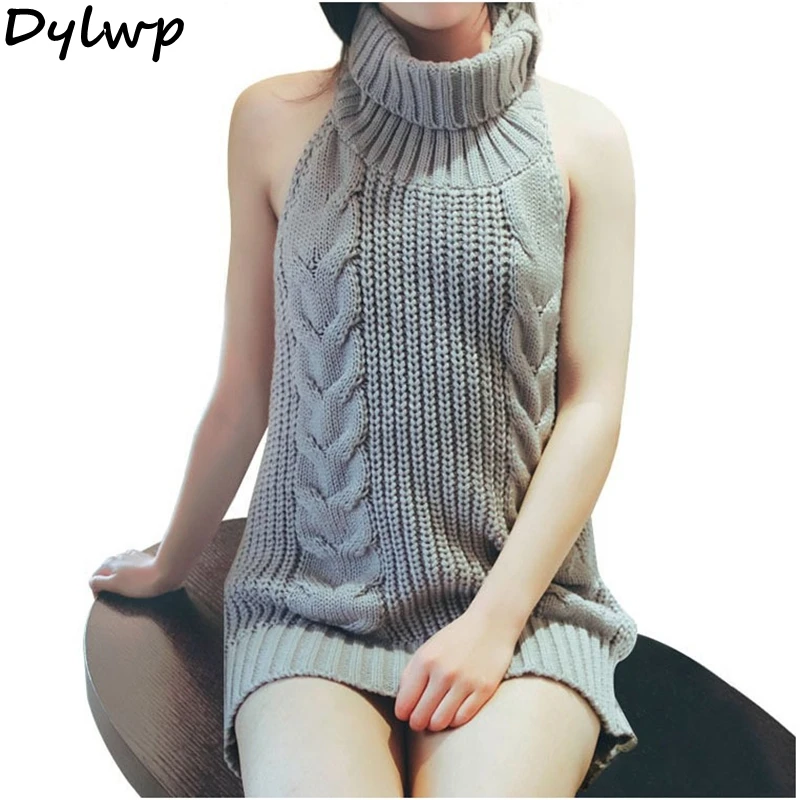 Virgin Killer Sweater Women 2019 Summer Solid Sleeveless Turtleneck Long Sweaters Korean Sexy backless Knitted Pullovers Tops | Женская