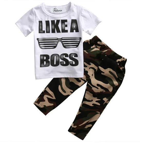 2pcs Kids Baby Boy Camouflage Outfits Clothes Sets LIKE A BOSS Print Short Sleeve T-shirt Tops+Camouflage Pants Cotton | Детская одежда