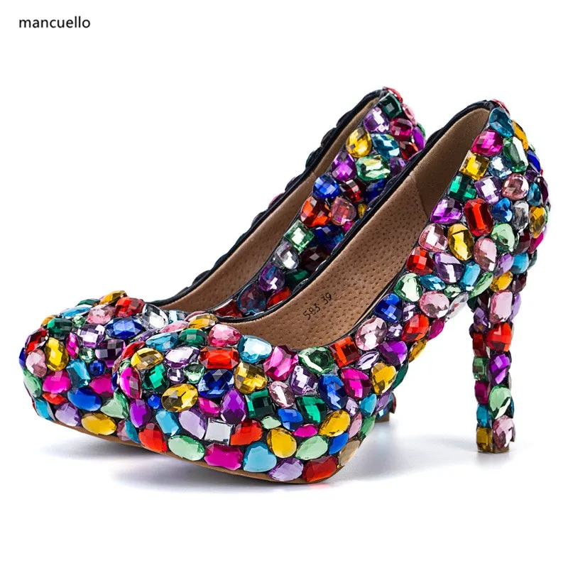 Mancuello/Радуга красочным со стразами свадебные туфли на высоком каблуке женщина
