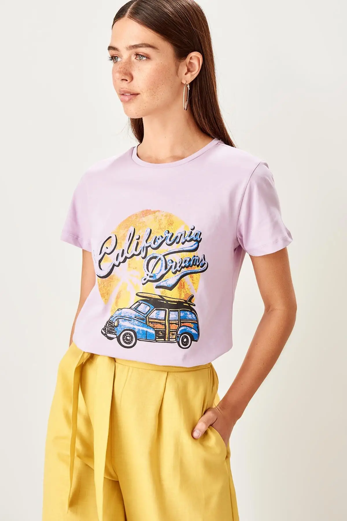 Trendyol сиреневые Базовые Трикотажные футболки с принтом TWOSS19TS0059|Футболки| |