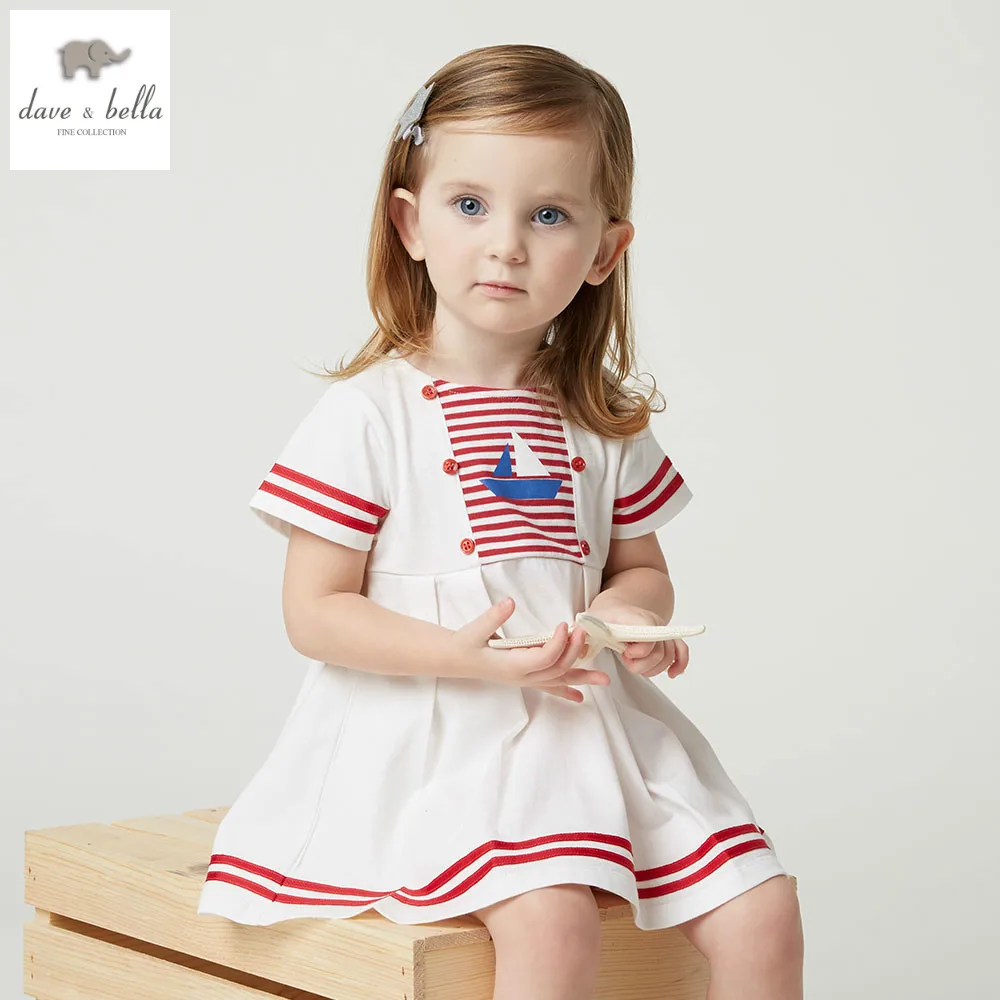 DB4895 dave bella summer baby girls white dress sailboat printed sweet kids toddle preppy style costumes | Детская одежда и обувь