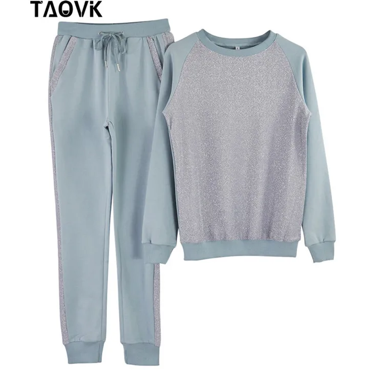 Блестящие лоскутные хлопковые костюмы TAOVK, спортивные костюмы светло-голубого цвета, комплекты из пуловера и брюк, одежда для весны и осени