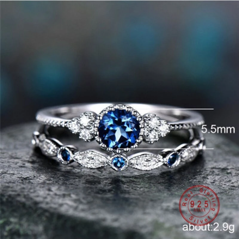 925 Silver Color Women Wedding Ring Set Sparkling Perfect Blue Round Cut Zircon Stone Rings Female Party Engagement Fine Jewelry