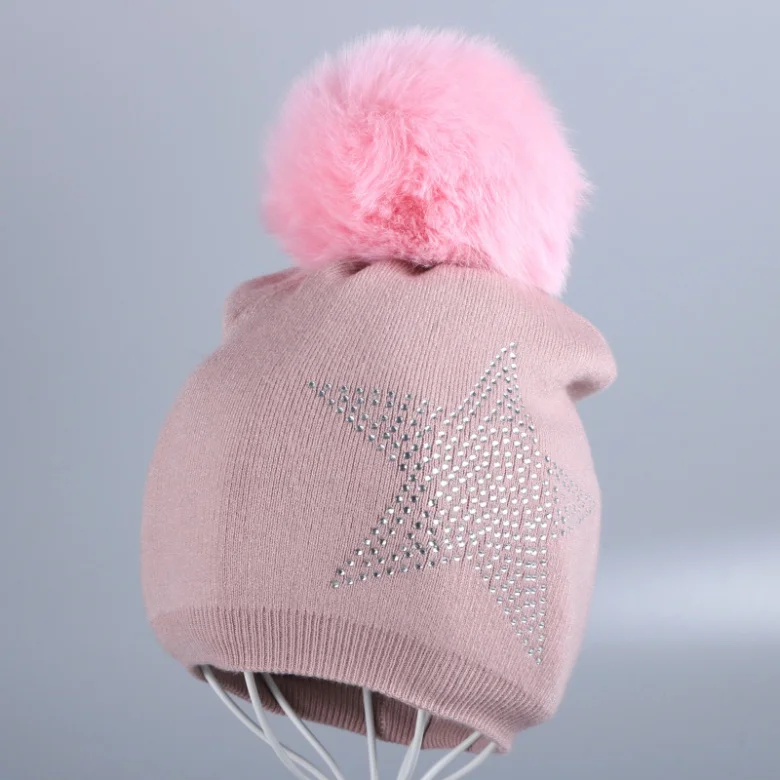 Fox Pom pink hat Новая женская шерстяная зимняя шапка с настоящим помпоном, кашемировые шапочки, блестящая кристаллическая звезда, мягкая термальная натуральная норка, лиса, звезда, шапочки - Цвет: Fox Pom pink hat