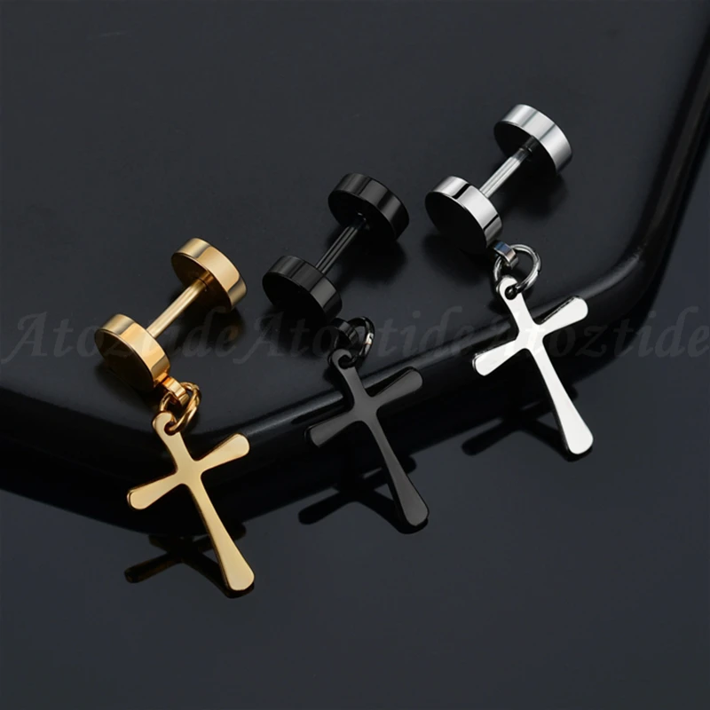 Atoztide 1pcs Stainless Steel Piercing Cross Stud Earrings For Women Men Personality Black Tassel Barbell Party | Украшения и