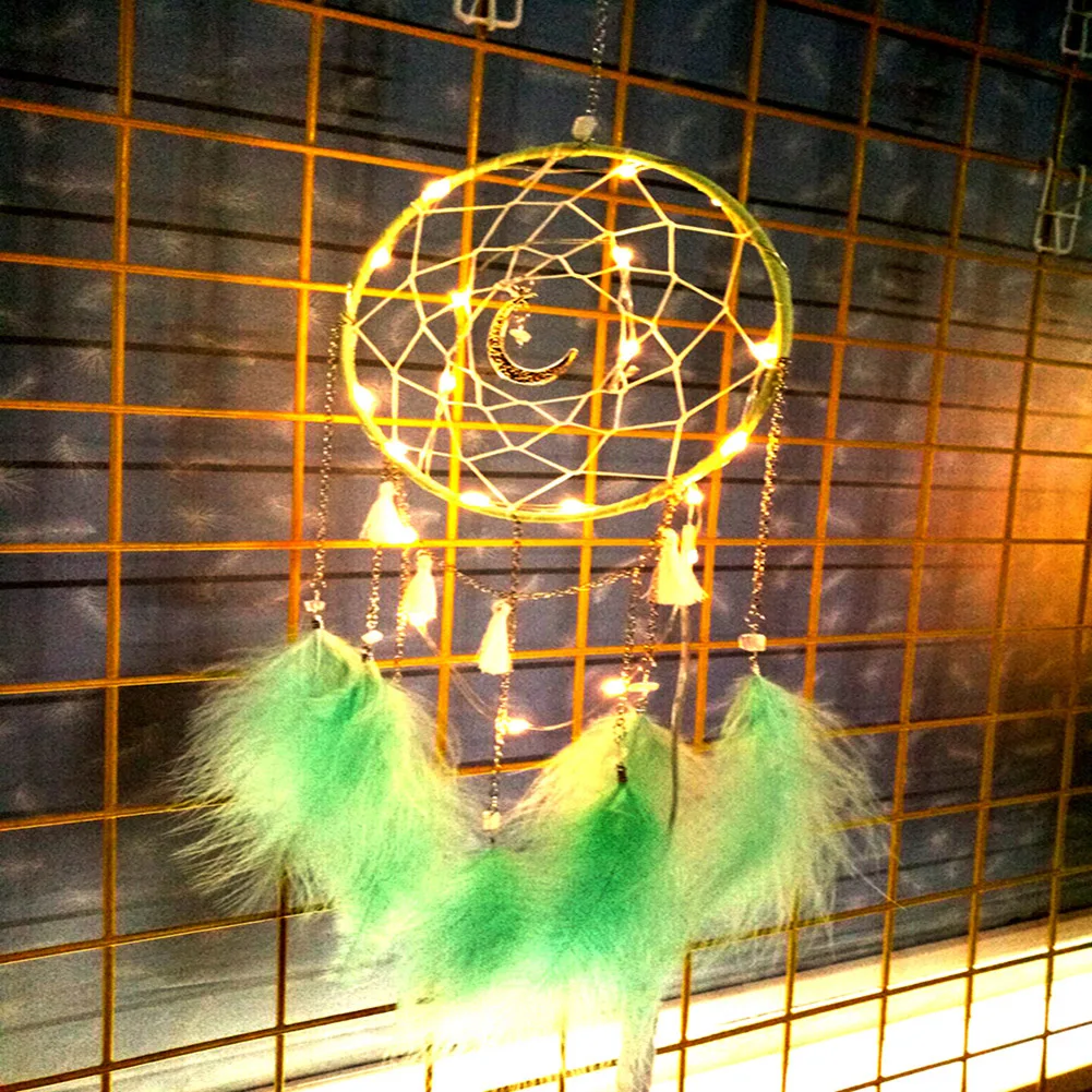 Зеленый Лунный Ловец снов перо колокольчики ручной работы настенный висящий мечтатель ночник с освещением для украшение для спальни - Испускаемый цвет: Зеленый