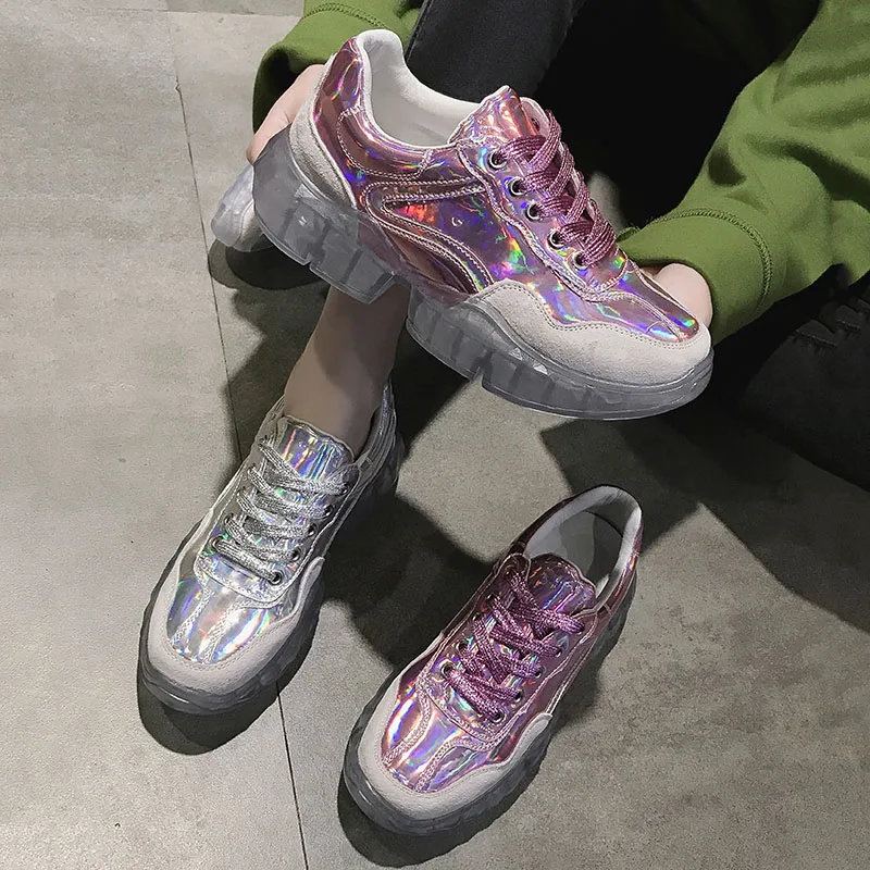 Harajuku/блестящие дизайнерские женские Сникеры на платформе повседневная обувь