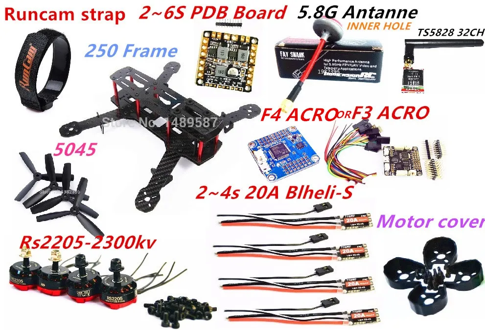 QAV250 Контроллер полета из углеродного волокна F4/F3 RS2205 2300KV двигатель 20A BLHELI S ESC 5045