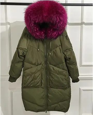 rose red fur Большой натуральный мех енота, новинка, зимняя куртка для женщин, с капюшоном, длинный пуховик, парка, пальто для женщин, Толстая теплая куртка на утином пуху, Свободное пальто - Цвет: rose red fur