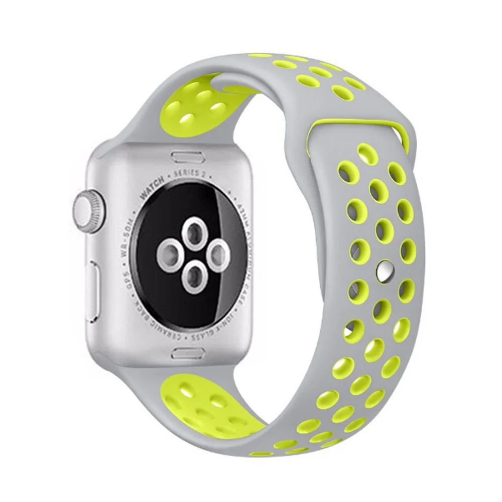 Grey with yellow Эластичный дышащий силиконовый спортивный ремешок для apple watch 42 мм, 38 мм, Версия 44 мм 40 мм браслет на запястье, apple серии 5/4/3/2/1 Универсальный - Цвет ремешка: Grey with yellow
