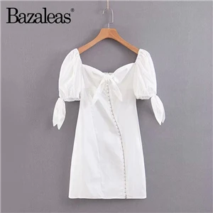 L111 white 9057 Bazaleas, тонкое женское платье с боковыми пуговицами, белое, с бантом, Vestidos, Ретро летнее платье, хлопковые мини-платья, robe femme, Прямая - Цвет: L111 white 9057