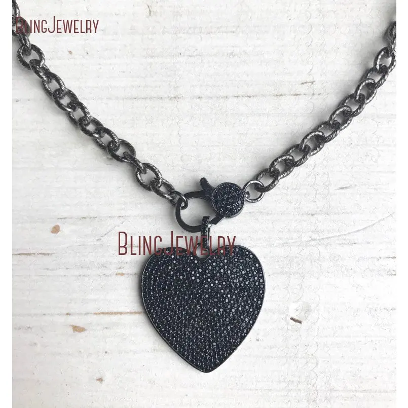 Gunmetal Pave черный кристалл Застежка чокер сердце кулон на текстурированная цепь