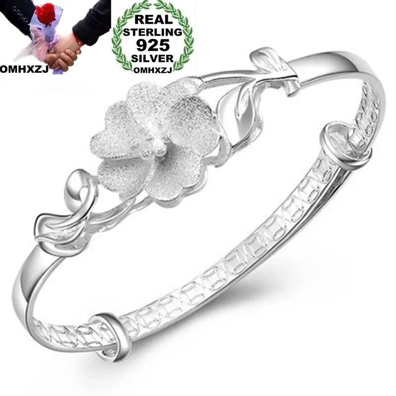 

OMHXZJ Wholesale European Fashion Woman Girl Party Wedding Gift Flower Resizable 925 Sterling Silver Cuff Bangle BA08