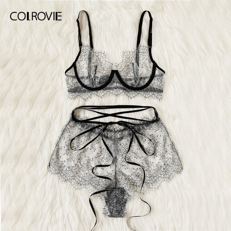 COLROVIE, серый кружевной комплект нижнего белья с ресницами, женское нижнее белье,, на косточках, прозрачный сексуальный бюстгальтер и трусы, комплект нижнего белья