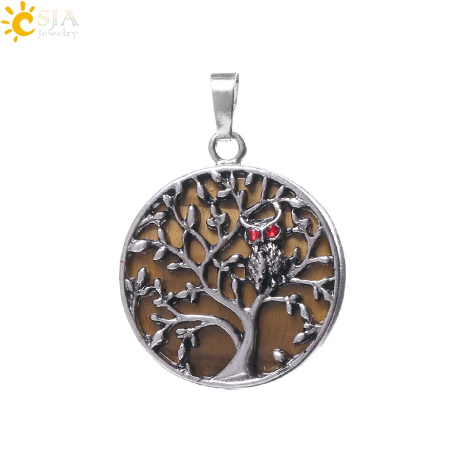 Tiger Eye CSJA, ожерелья и подвески из натурального камня, древнее серебро, полое Дерево жизни, круглые плоские бусины, кулон для женщин и мужчин, ювелирные изделия F165 - Окраска металла: Tiger Eye