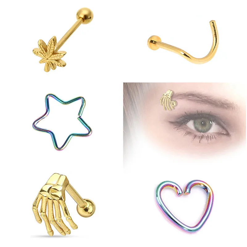 

4/5pcs Lot Mix Surgical Steel Heart/Star/Palm/Maple Leaf Screw Tongue Rings Nose Ear Lip Eyebow Studs Piercing Jewelry