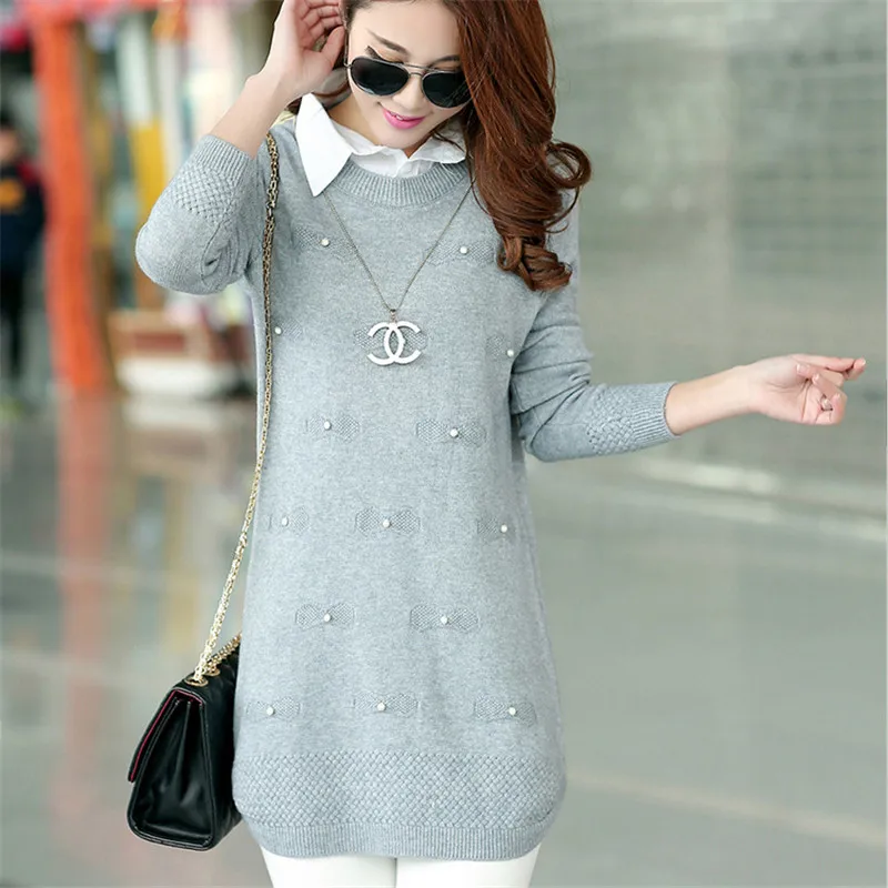 Высокие осенне Размеры женская рубашка воротник вязаный свитер для детей Модный